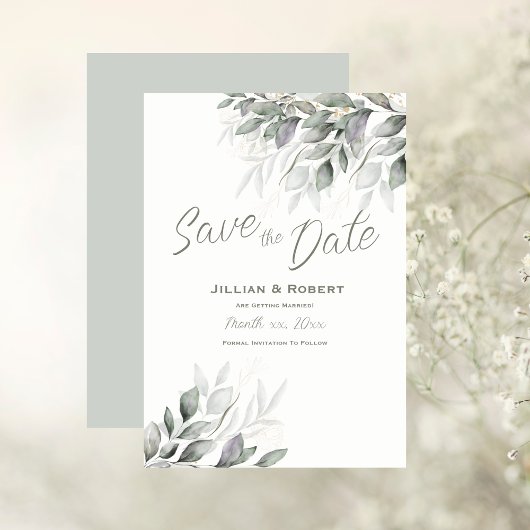 Save The Date Elegant Watercolor Leaves セーブザデート