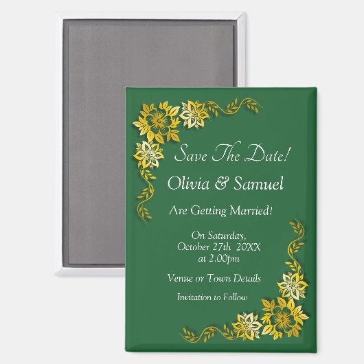 Save The Date - Emerald & Gold 3.5" x 2.5" Fridge マグネット (正面/裏面)