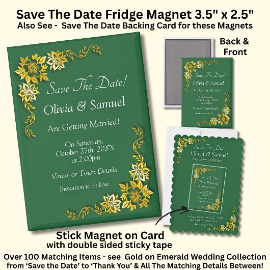 Save The Date - Emerald & Gold 3.5" x 2.5" Fridge マグネット