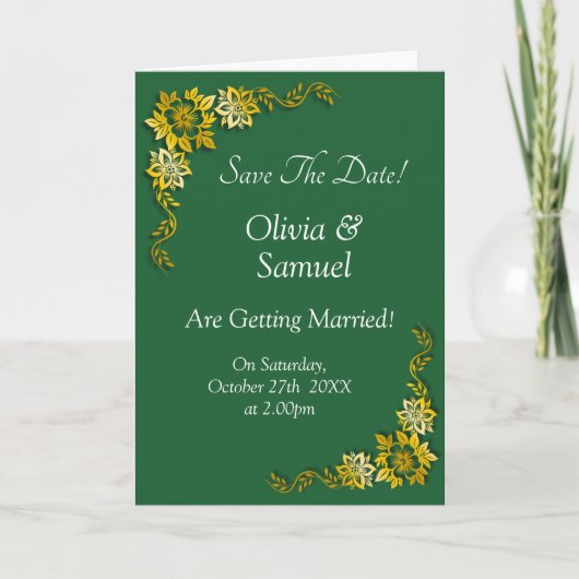 Save The Date - Emerald Green & Gold カード (正面)