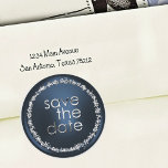 Save the Date Envelope Seal Navy Blue Silver ラウンドシール<br><div class="desc">Save the Date Envelope Seal Navy Blue with Silver Designed by Carrie Fink.  Printed and shipped by Zazzle or their partners.</div>
