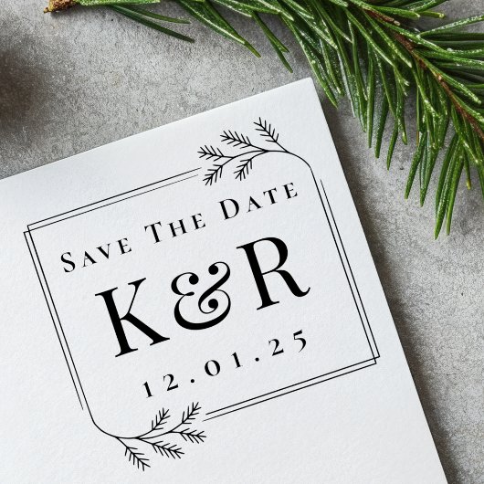 Save the Date Fir Frame Winter Wedding Monogram ラバースタンプ