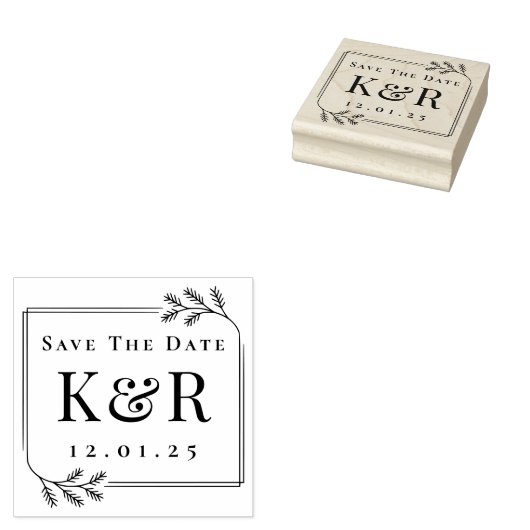 Save the Date Fir Frame Winter Wedding Monogram ラバースタンプ (押印)