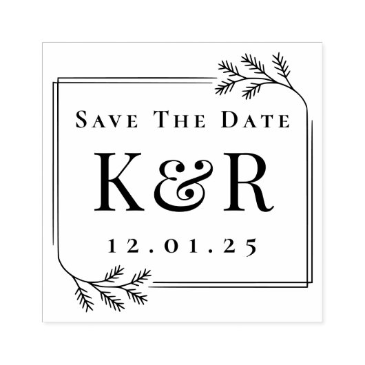 Save the Date Fir Frame Winter Wedding Monogram ラバースタンプ (インプリント)