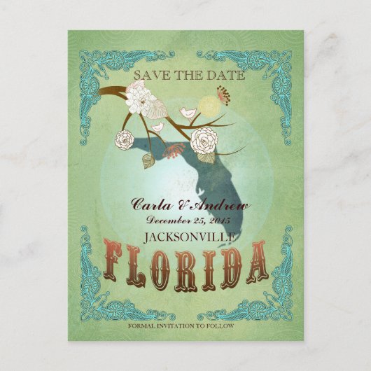 Save The Date - Florida Map With Lovely Birds 案内ポストカード (正面)