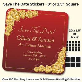 Save The Date - Gold Flowers Maroon Red スクエアシール