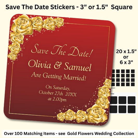 Save The Date - Gold Flowers Maroon Red  スクエアシール