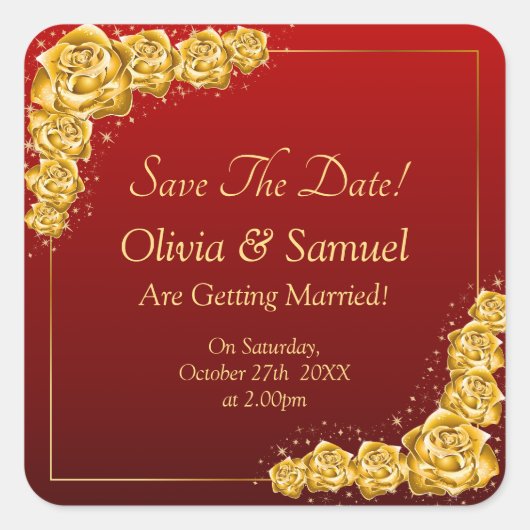 Save The Date - Gold Flowers Maroon Red スクエアシール (正面)