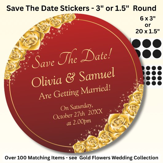 Save The Date - Gold Flowers Maroon Red  ラウンドシール