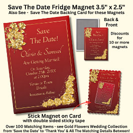 Save The Date, Gold Roses Maroon 5" x 2.5" Fridge マグネット