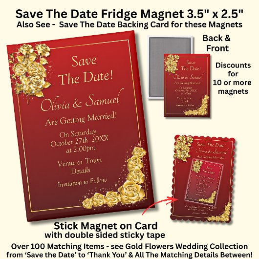 Save The Date, Gold Roses Maroon 5" x 2.5" Fridge マグネット