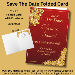 Save The Date - Gold Roses on Maroon Red カード