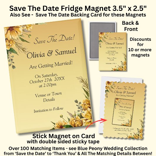 Save The Date, Golden Flowers,  5" x 2.5" Fridge マグネット