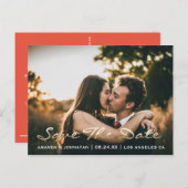 Save The Date Golden Script Photo Vivived Coral ポストカード (正面/裏面)