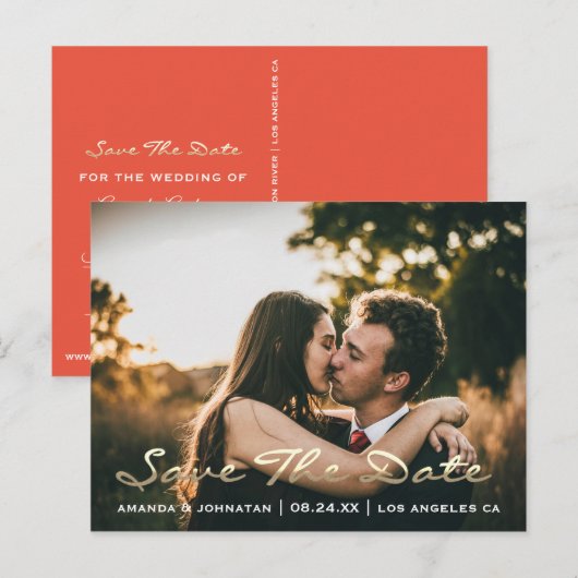 Save The Date Golden Script Photo Vivived Coral ポストカード (正面/裏面)