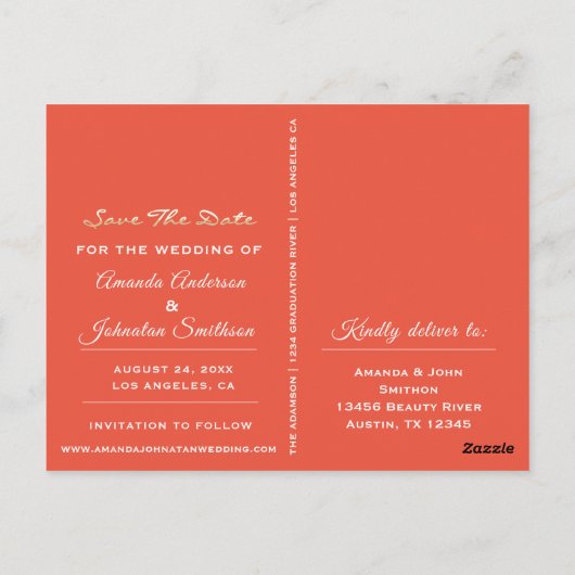Save The Date Golden Script Photo Vivived Coral ポストカード (裏面)