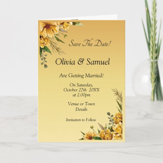 Save The Date Golden Yellow Flower Folded カード (正面)
