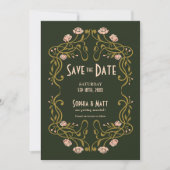 Save The Date Green Art Nouveau Wedding 招待状 (正面)