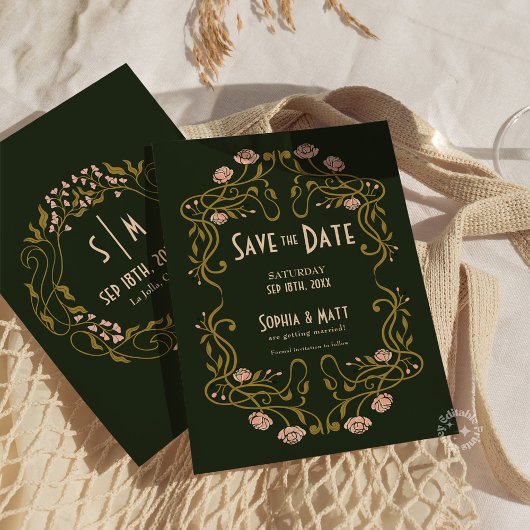 Save The Date Green Art Nouveau Wedding 招待状
