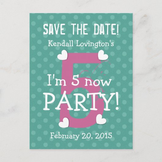 Save the Date I'm Five Birthday Party W05Aティール(緑がか 案内ポストカード (正面)