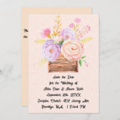 Save the Date in Peach Flowers & 素朴デザイン 招待状 (正面/裏面)