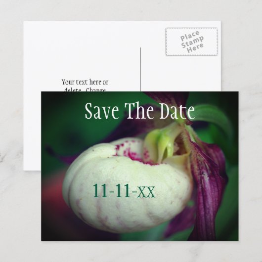Save The Date Lady Slipper Flower Personalized 案内ポストカード (正面/裏面)