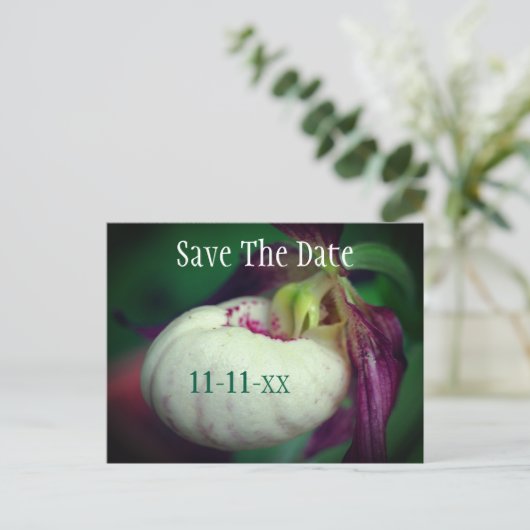 Save The Date Lady Slipper Flower Personalized 案内ポストカード (スタンド正面)