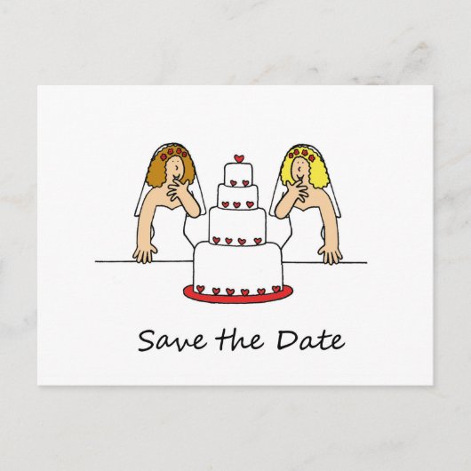 Save the Date Lesbian Brides Cartoon 案内ポストカード (正面)