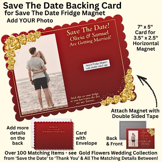 Save The Date, Magnet Backing Card Gold Flowers サンキューカード