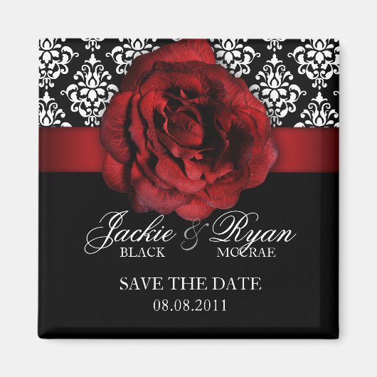 Save the Date Magnet Red Rose Damask マグネット (正面)