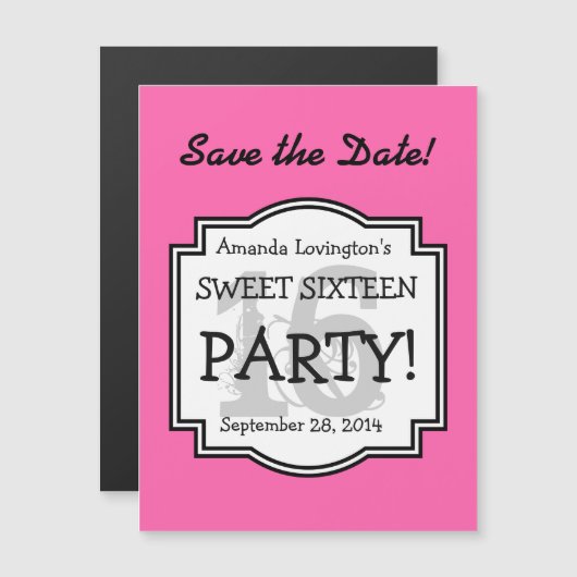 Save the Date Magnet Sweet 16誕生日A02B PINK マグネット招待状 (正面/裏面)