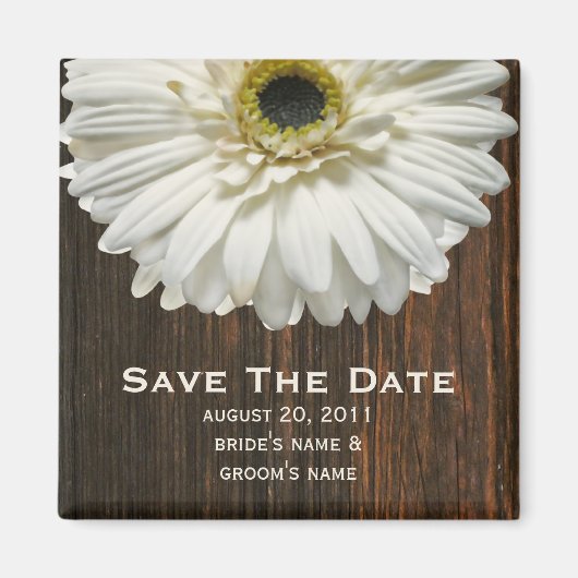 Save The Date Magnet - White Gerbera & Barnwood マグネット (正面)
