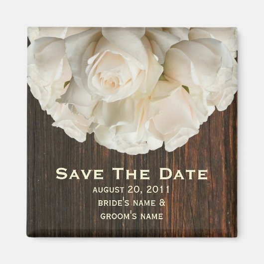 Save The Date Magnet - White Roses & Barnwood マグネット (正面)