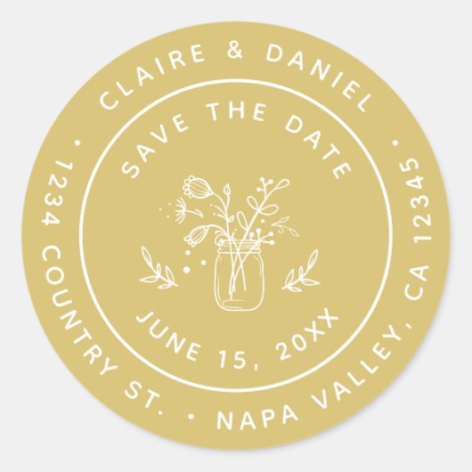 Save the Date Mason Jar Flowers差出人住所 ラウンドシール (正面)