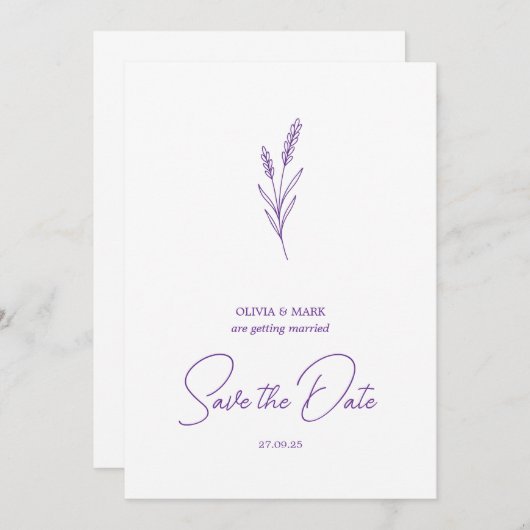 save the date minimalist elegant writing lavender 招待状 (正面/裏面)