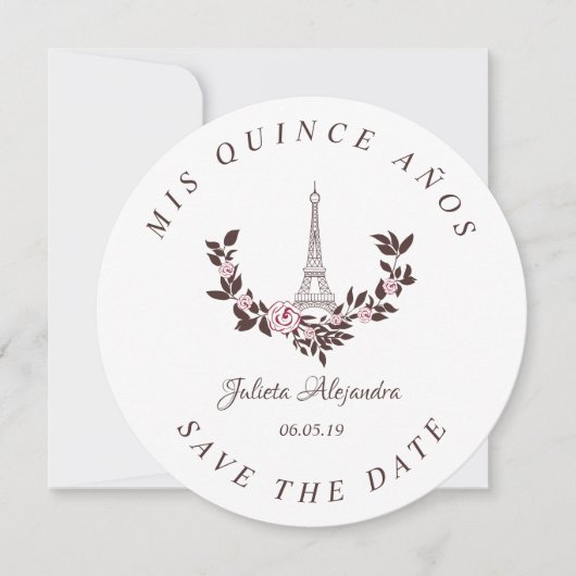 Save the Date Mis Quince años Diseño Floral París サンキューカード (正面)