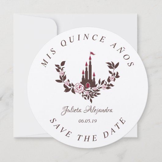 Save the Date  Mis XV años Diseño Floral Castillo サンキューカード (正面)