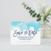 SAVE THE DATE MITZVAH modern aqua blue watercolor セーブザデート (スタンド正面)