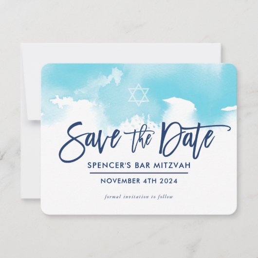 SAVE THE DATE MITZVAH modern aqua blue watercolor セーブザデート (正面)