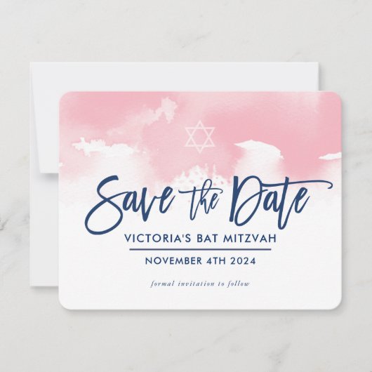SAVE THE DATE MITZVAH modern pale pink watercolor セーブザデート (正面)