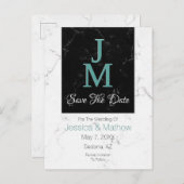 Save The Date, Monogram White & Black Marble, DIY 案内ポストカード (正面/裏面)