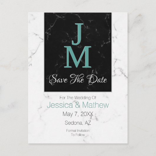Save The Date, Monogram White & Black Marble, DIY 案内ポストカード (正面)