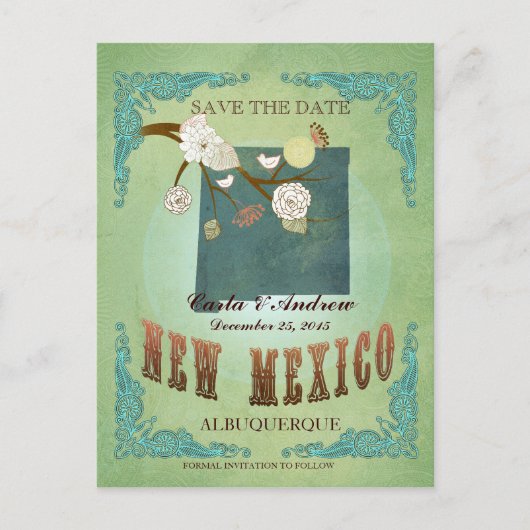 Save The Date - New Mexico Map With Lovely Birds 案内ポストカード (正面)