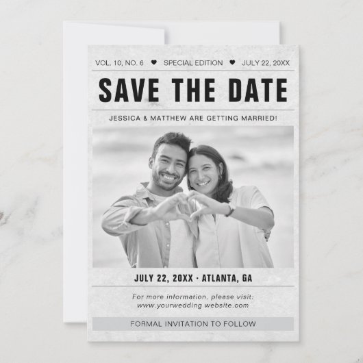 Save the Date Newspaper Template Photo Grunge (正面)