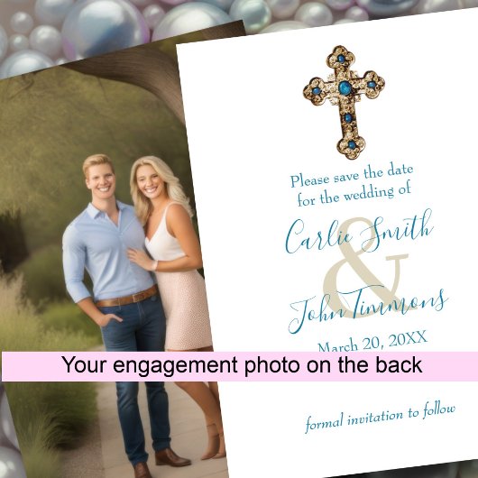 Save the Date Ornate Jeweled Gold Cross Blue Photo セーブザデート