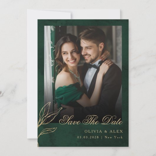 Save The Date Photo Botanical Emerald Gold Wedding 招待状 (正面)