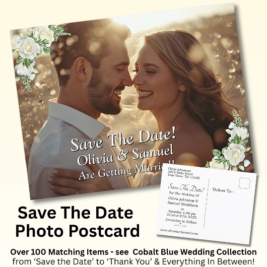 Save The Date, Photo -  Cobalt Blue & White Roses  案内ポストカード
