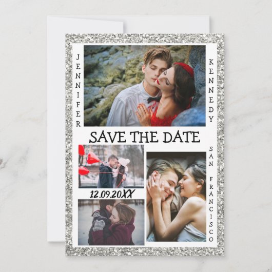 Save the Date Photo Collage 結婚's Silverグリッター セーブザデート (正面)