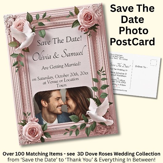 Save The Date, Photo - Dove & Pink Roses 案内ポストカード