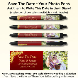 Save The Date - Photo + Gold Flowers Maroon Red 黒ボールペン